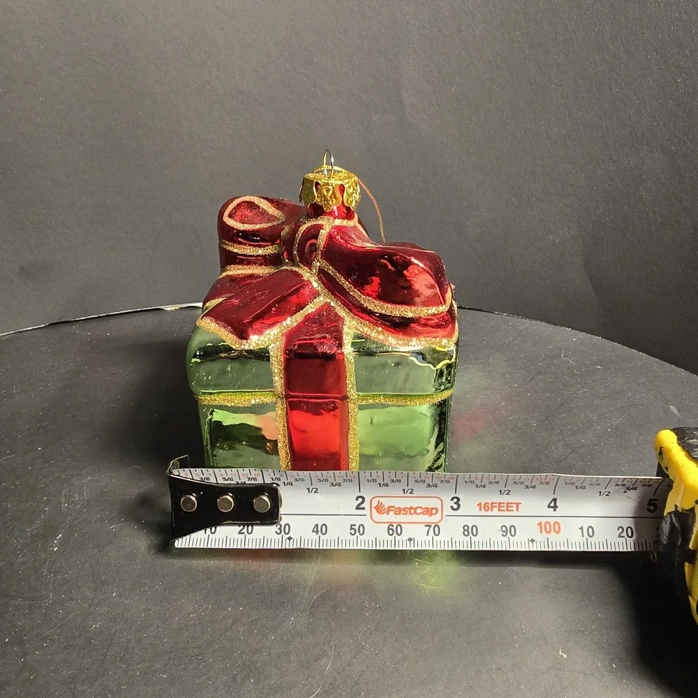 Glass Present Gift Box Christmas Ornament Red Green Glitter Holiday‎ Decor
